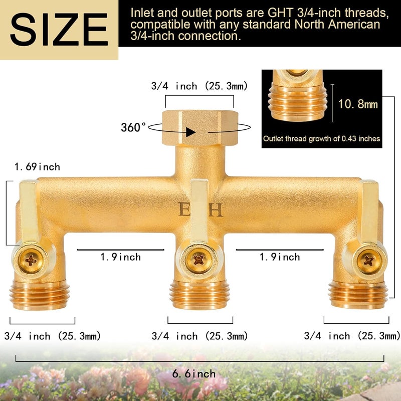 EBH Brass Garden Hose Splitter, 3 Way Outdoor Faucet Splitter, 3 Long Metal Handle and Individual On/Off Valve, GHT 3/4-Inch Heavy Duty Hex Female Inlet and 3/4-Inch Male Outlet - Image 2